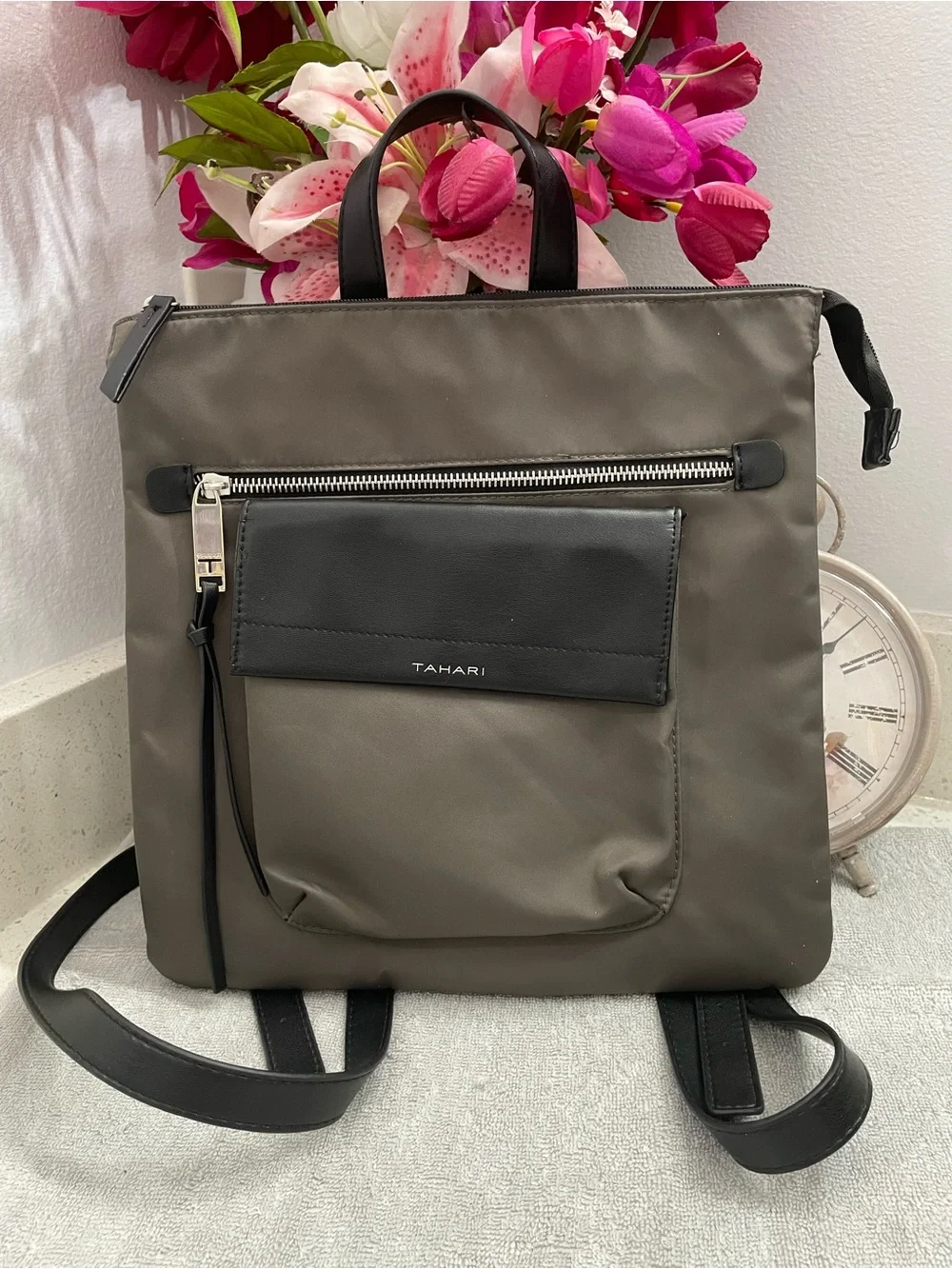 Tahari Taupe Nylon Backpack Tote with Black Leather Trim